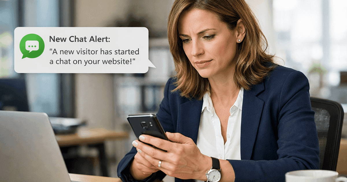 SMS message shows a new chat visitor is waiting.